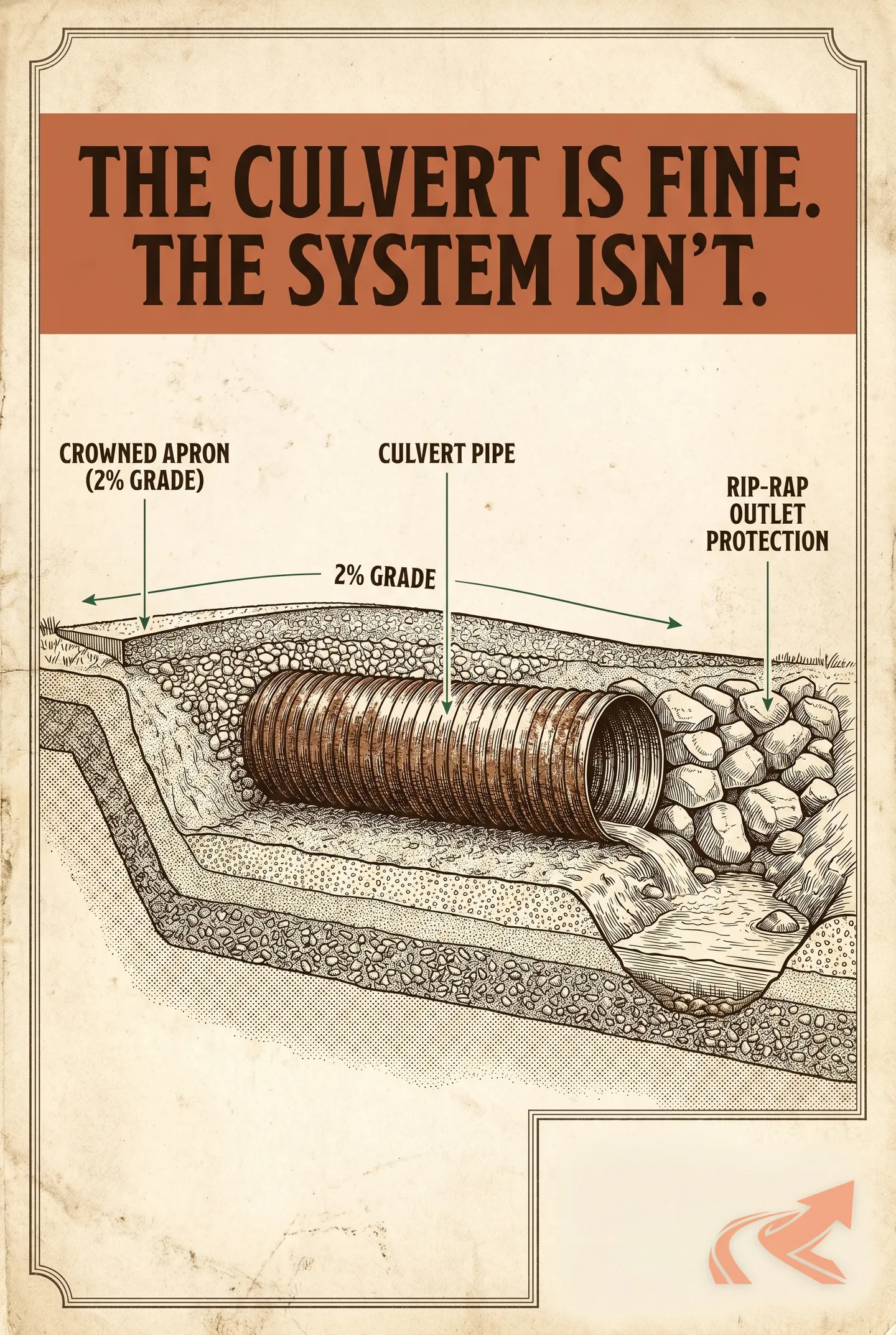 The drainage triangle at a driveway culvert -- pipe, crown, and ditch -- and why fixing only the culvert leaves the apron washing out