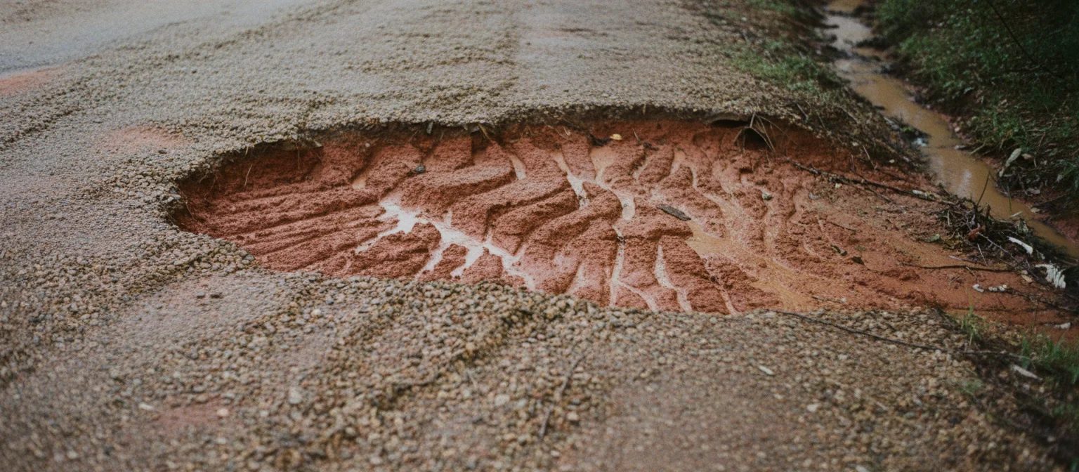 NC driveway culvert apron eroded into red clay rills at road edge