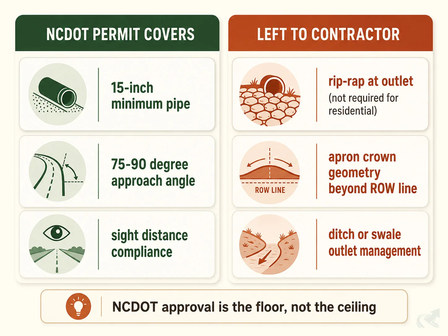 Bento-grid comparison of what NCDOT's driveway encroachment permit covers versus what it leaves to the contractor: minimum 15-inch pipe, approach angle, and sight distance on the permit side; rip-rap spec, apron crown geometry, and ditch outlet management on the contractor side.