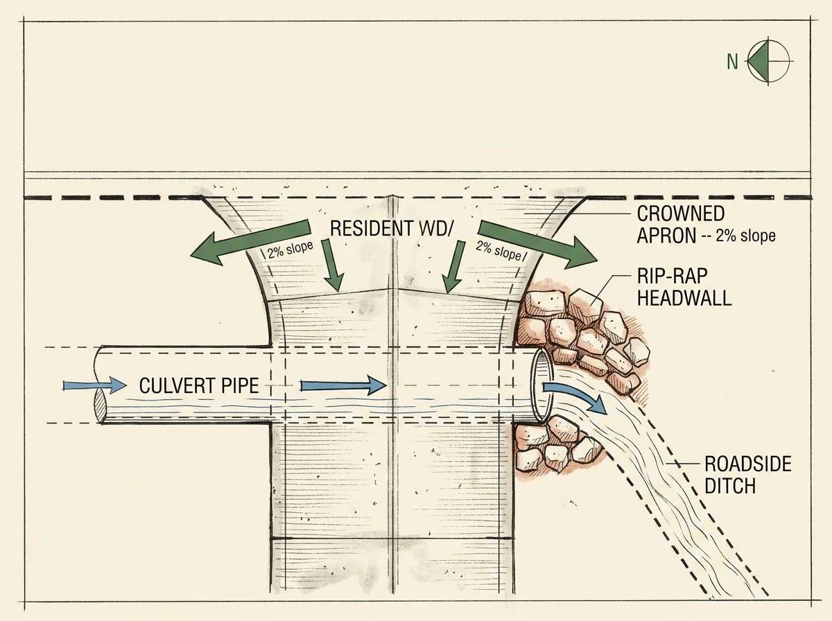 Overhead schematic of a driveway apron showing the drainage triangle: culvert pipe with water-flow arrow, crowned apron shedding runoff to both sides, rip-rap headwall at outlet, and roadside ditch.