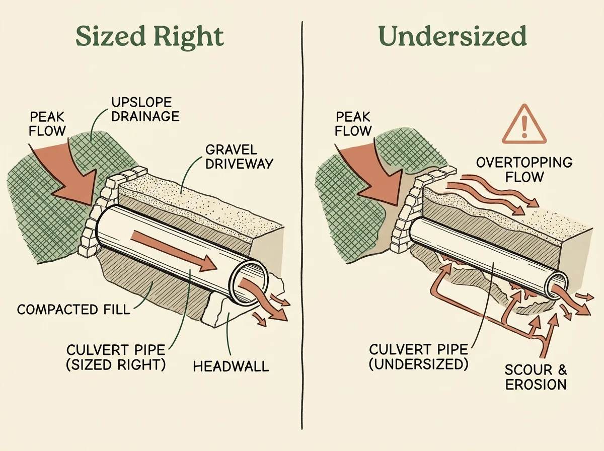 Split-panel schematic: left side shows a correctly sized driveway culvert with peak flow passing cleanly through the pipe and a stable headwall; right side shows an undersized pipe with overtopping flow, scour, and erosion underneath.