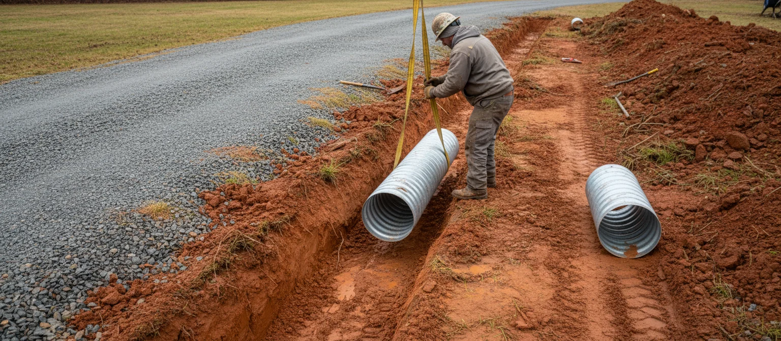 Driveway Culvert Sizing — NC 15-Inch Minimum & When to Upsize - NC Grade and Haul infographic.