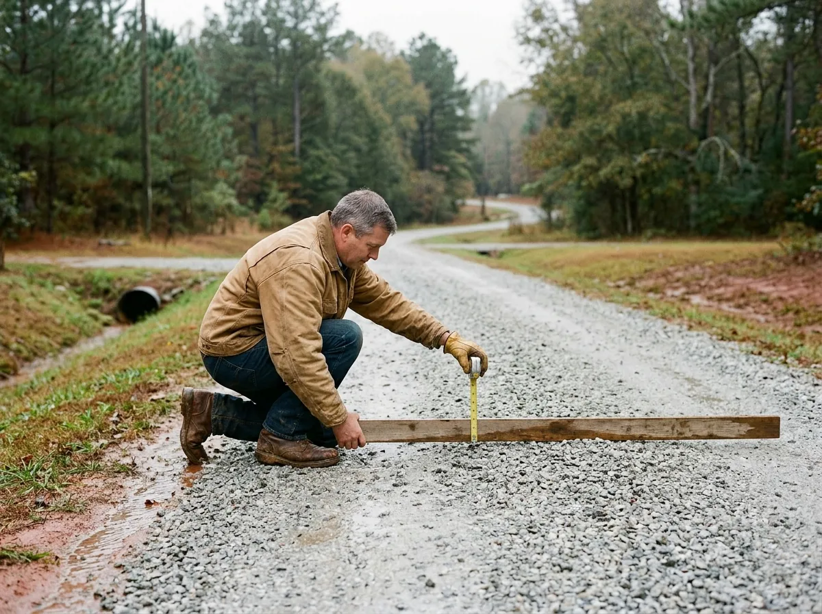 A homeowner in a canvas jacket and work gloves crouches at the edge of a wet gravel driveway, holding a tape measure up against a long board laid across the surface, with a roadside ditch pipe and red-clay shoulder behind him.