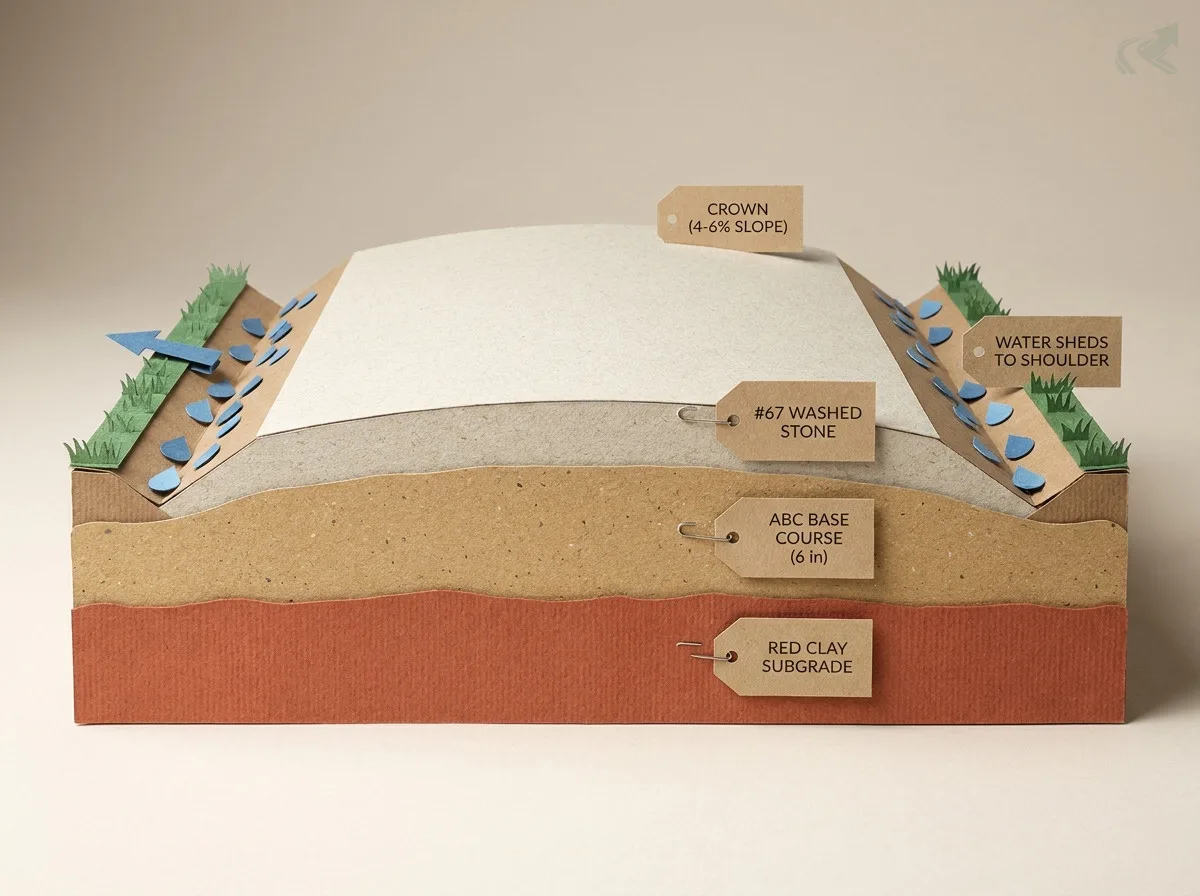 Papercraft cross-section of a correctly built NC gravel driveway showing three layers -- red clay subgrade at the bottom, compacted ABC base course in the middle, and #67 washed stone on top -- with a crown shape arching from center outward so water sheds to grassed shoulders on both sides.