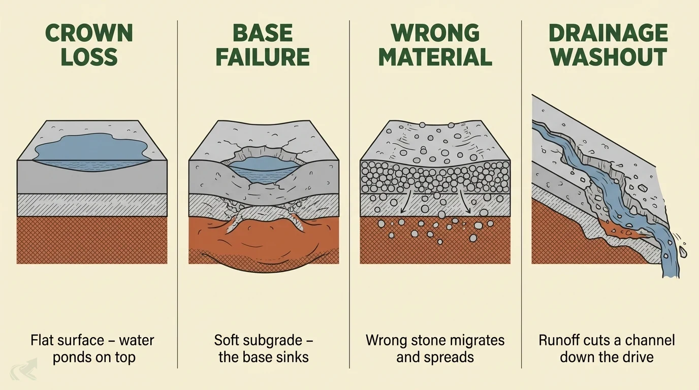 Four labeled cross-section panels of how an NC gravel driveway fails: Crown Loss (flat surface, water ponds on top), Base Failure (soft subgrade, the base sinks), Wrong Material (wrong stone migrates and spreads down through the base), and Drainage Washout (runoff cuts a channel down the drive slope).