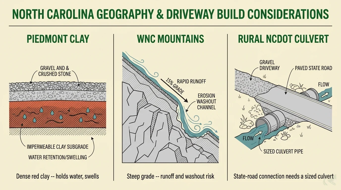 Three labeled panels of how NC geography changes a driveway build: Piedmont Clay (gravel over dense impermeable red clay subgrade that holds water and swells), WNC Mountains (a steep 15 percent grade with rapid runoff cutting an erosion washout channel), and Rural NCDOT Culvert (a gravel driveway meeting a paved state road with a sized culvert pipe carrying water beneath the connection).