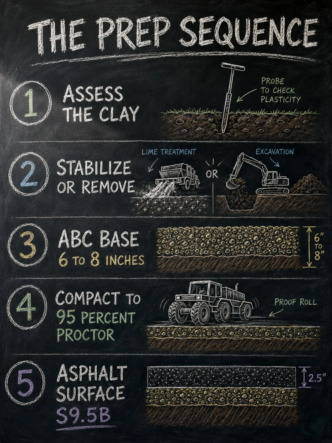 Chalkboard diagram showing the five-step NC asphalt subgrade prep sequence: assess clay, stabilize or remove, 6 to 8 inch ABC base, compact to 95 percent Proctor density, asphalt surface course.