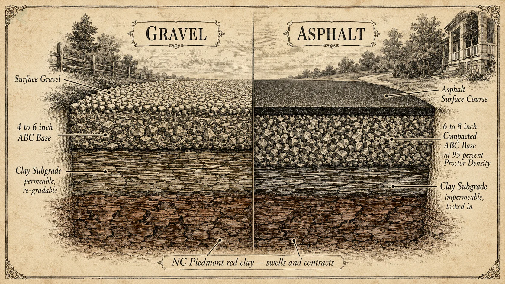 Cross-section diagram comparing gravel driveway subgrade (4 to 6 inch ABC, permeable) with asphalt subgrade (6 to 8 inch compacted ABC at 95 percent Proctor density, impermeable), both sitting on NC Piedmont red clay.