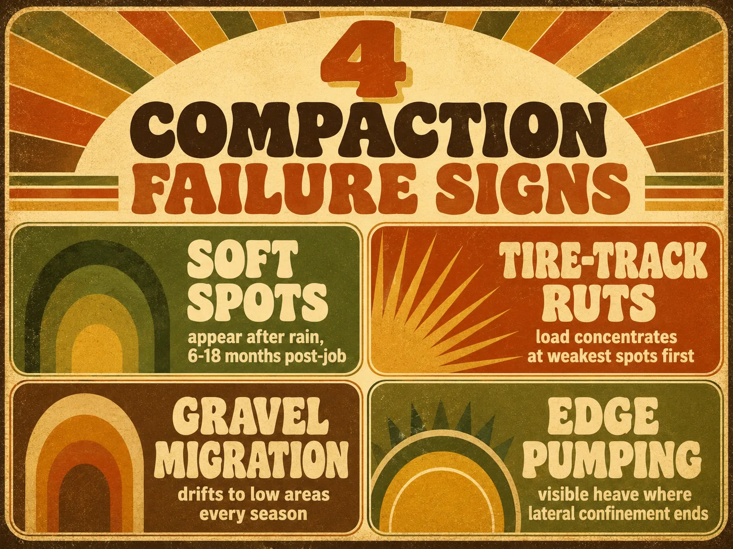 1970s retro poster listing four driveway compaction failure patterns in a 2x2 grid: soft spots after rain, tire-track ruts at weak points, gravel migration to low areas, and edge pumping where lateral confinement ends