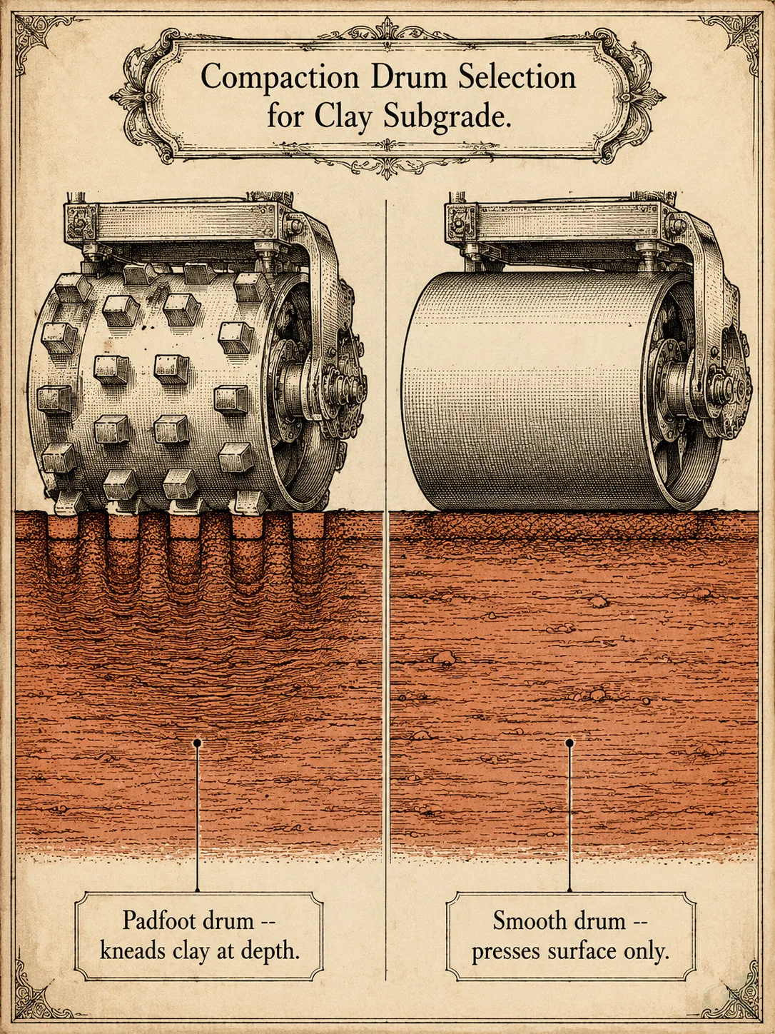 Vintage engraving field-guide diagram comparing two compaction drums side by side in NC clay: left shows a padfoot drum with protruding feet penetrating deep into the clay layer and kneading it at depth; right shows a smooth drum that only contacts the surface and leaves the deeper clay loose