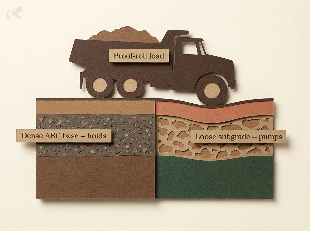 Papercraft cross-section diorama showing a loaded dump truck proof-rolling two halves of a driveway subgrade: left side shows a dense ABC gravel base that holds flat under load; right side shows loose subgrade layers that wave and pump, revealing a soft spot