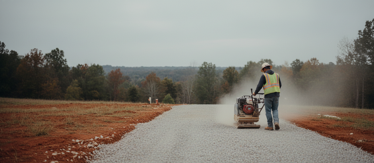 NC driveway grading compaction -- plate compactor on gravel base over clay