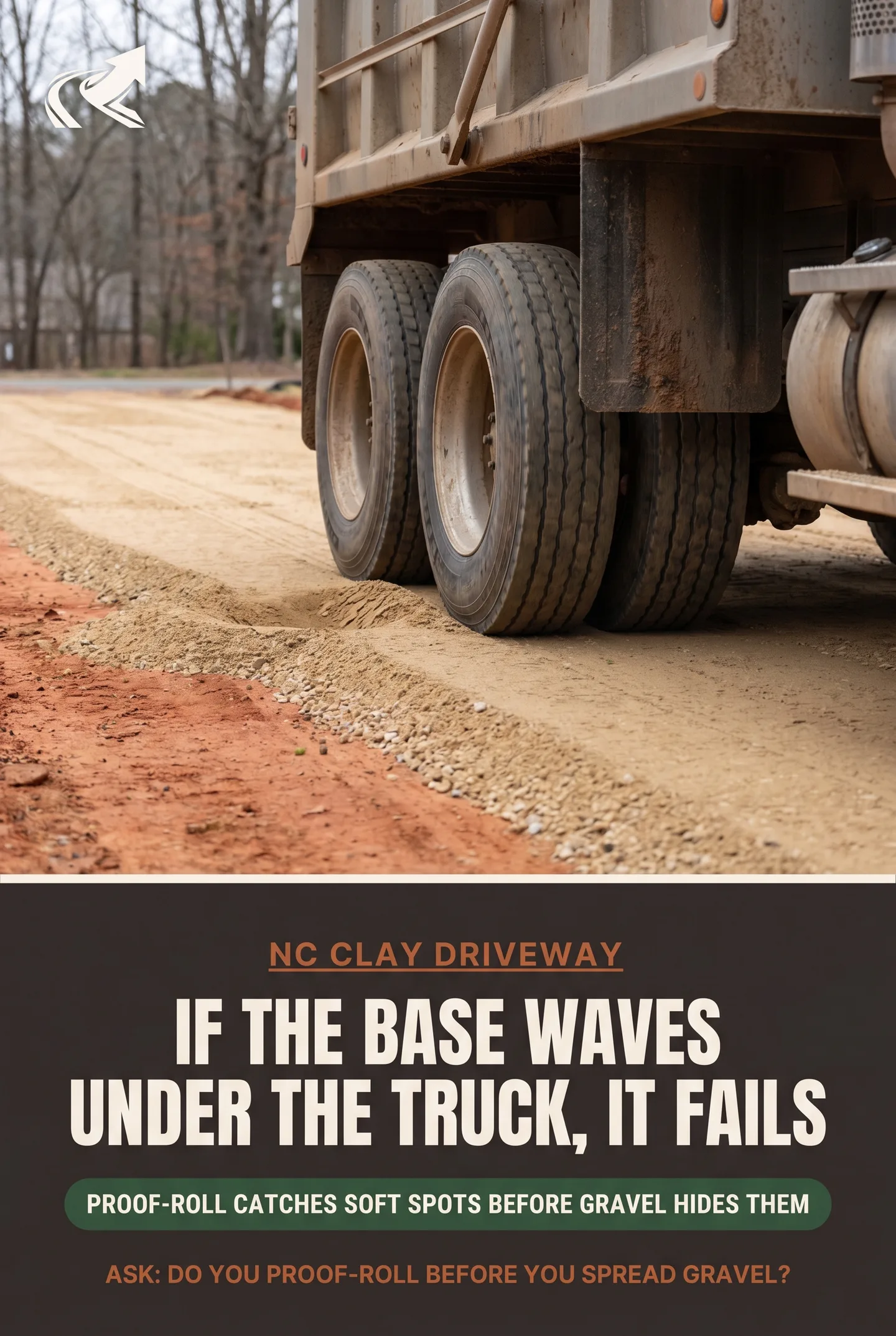 NC clay driveway proof-roll base test: if the base waves under a loaded dump truck, the compaction failed -- the proof-roll catches soft spots before gravel hides them. Ask your contractor: do you proof-roll before you spread gravel?