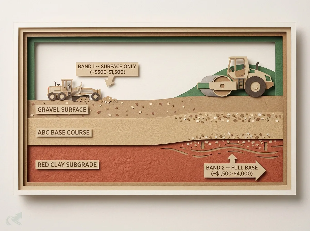 Papercraft cross-section of a gravel driveway showing three strata -- Gravel Surface, ABC Base Course, Red Clay Subgrade -- with a grader working only the top layer for Band 1 surface-only scope (~$500-$1,500) and a compaction roller working all three layers for Band 2 full base scope (~$1,500-$4,000)