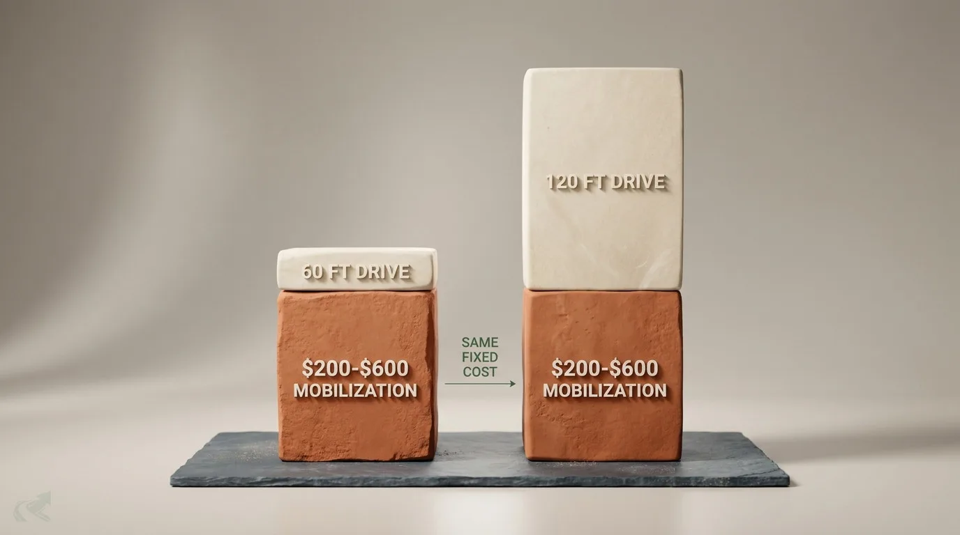 3D data sculpture of two terracotta-and-cream bar columns on a slate base -- a short 60 ft drive bar where the $200-$600 mobilization block dominates the height, and a taller 120 ft drive bar where the same mobilization block is a small fraction of the total -- with the label SAME FIXED COST between them