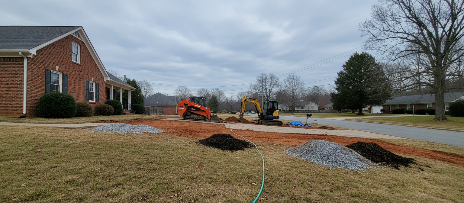 NC driveway grading cost -- equipment staged mid-job at suburban brick home