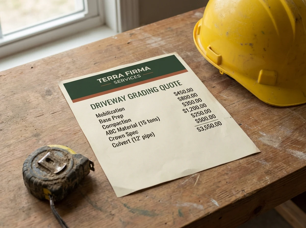 A printed driveway grading quote on a wood work table beside a yellow hard hat and measuring tape, showing itemized line items: Mobilization, Base Prep, Compaction, ABC Material, Crown Spec, and Culvert with a total.