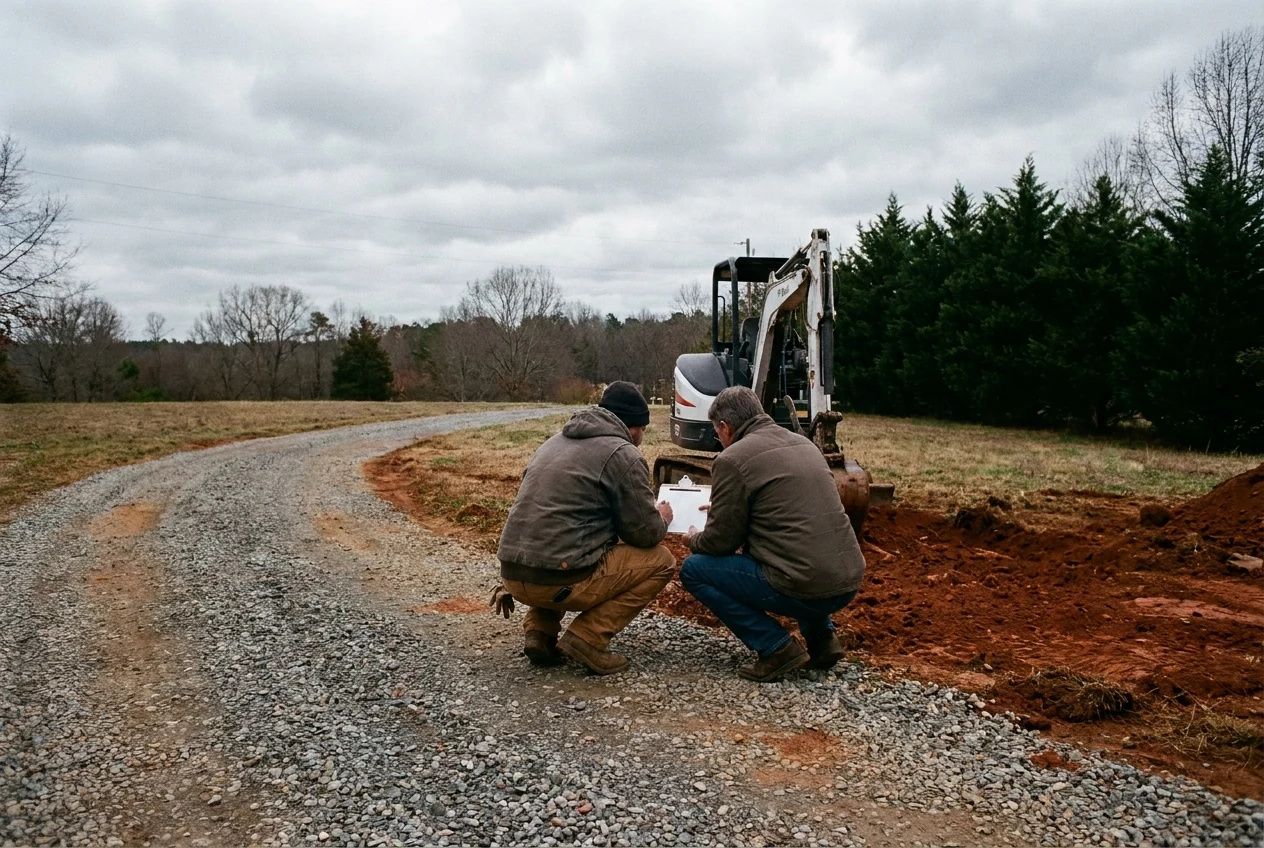 A grading contractor and a homeowner crouched beside a gravel driveway reviewing a printed quote on a clipboard, with red clay subgrade exposed where gravel has been pulled back.