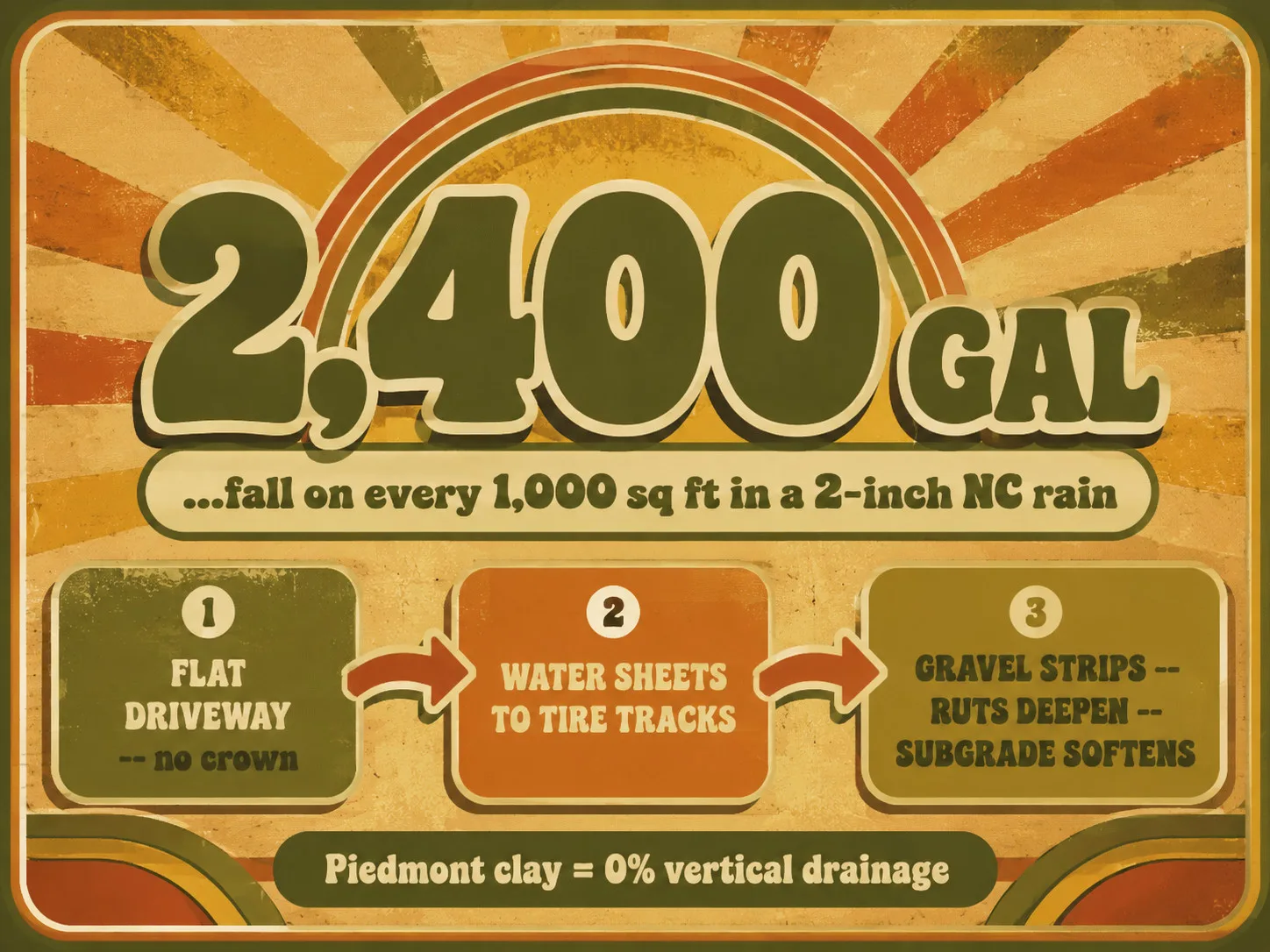 1970s-style retro infographic: '2,400 GAL' as the bold stat hero with sub-label 'fall on every 1,000 sq ft in a 2-inch NC rain', below it three retro rounded boxes showing the compound-deterioration chain -- flat driveway to water sheeting to tire tracks to gravel stripping and subgrade softening -- with the anchor note 'Piedmont clay = 0% vertical drainage', harvest-gold and rust-orange palette.