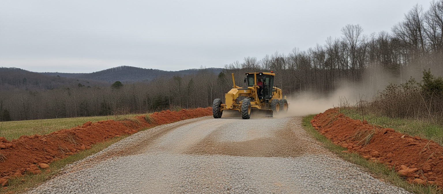 NC driveway crown grading -- motor grader shaping center arc on gravel surface