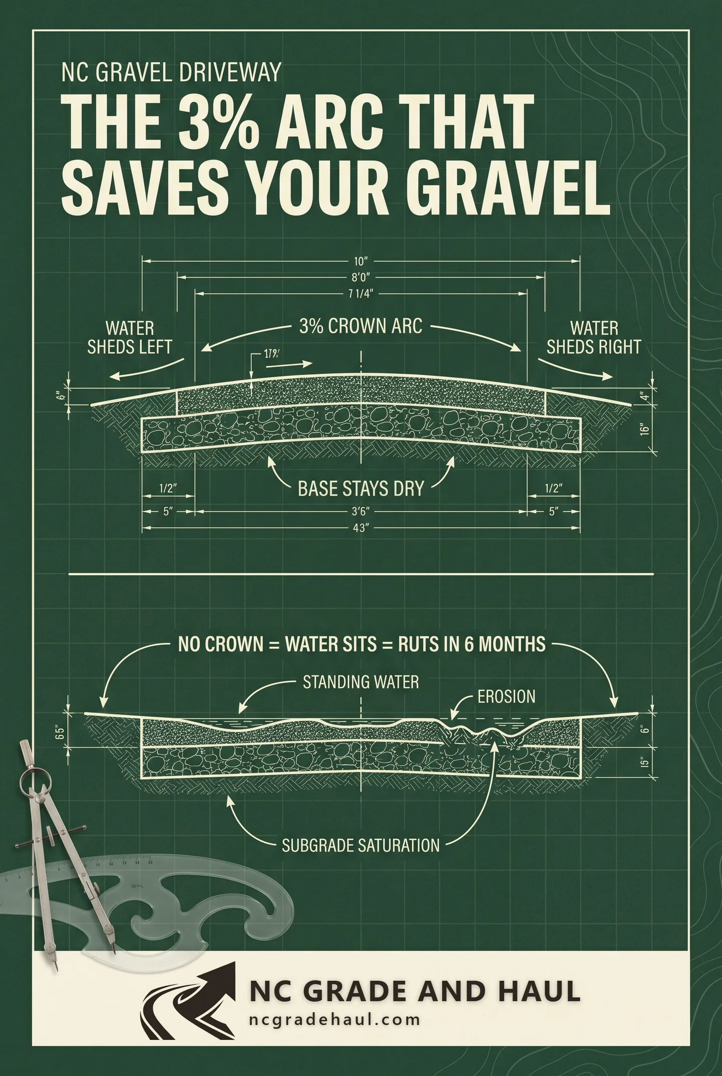 NC gravel driveway crown: a 3-percent crown arc sheds water off both edges so the base stays dry; a flat driveway sheds nothing and develops ruts within six months.
