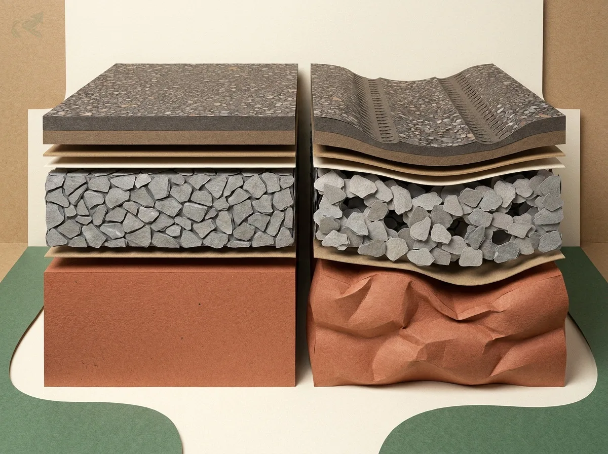 Papercraft cross-section split: left side shows a flat compacted base with tight stone matrix and solid clay subgrade; right side shows a wavy rutted surface with loose open stone and crumpled displaced clay subgrade beneath