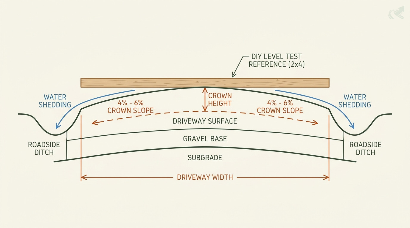 Cross-section diagram of a gravel driveway showing 4 to 6 percent crown geometry: centerline higher than shoulders, water arrows shedding both ways to roadside ditches, 2x4 board resting across surface as DIY level test, annotated with crown slope and driveway width