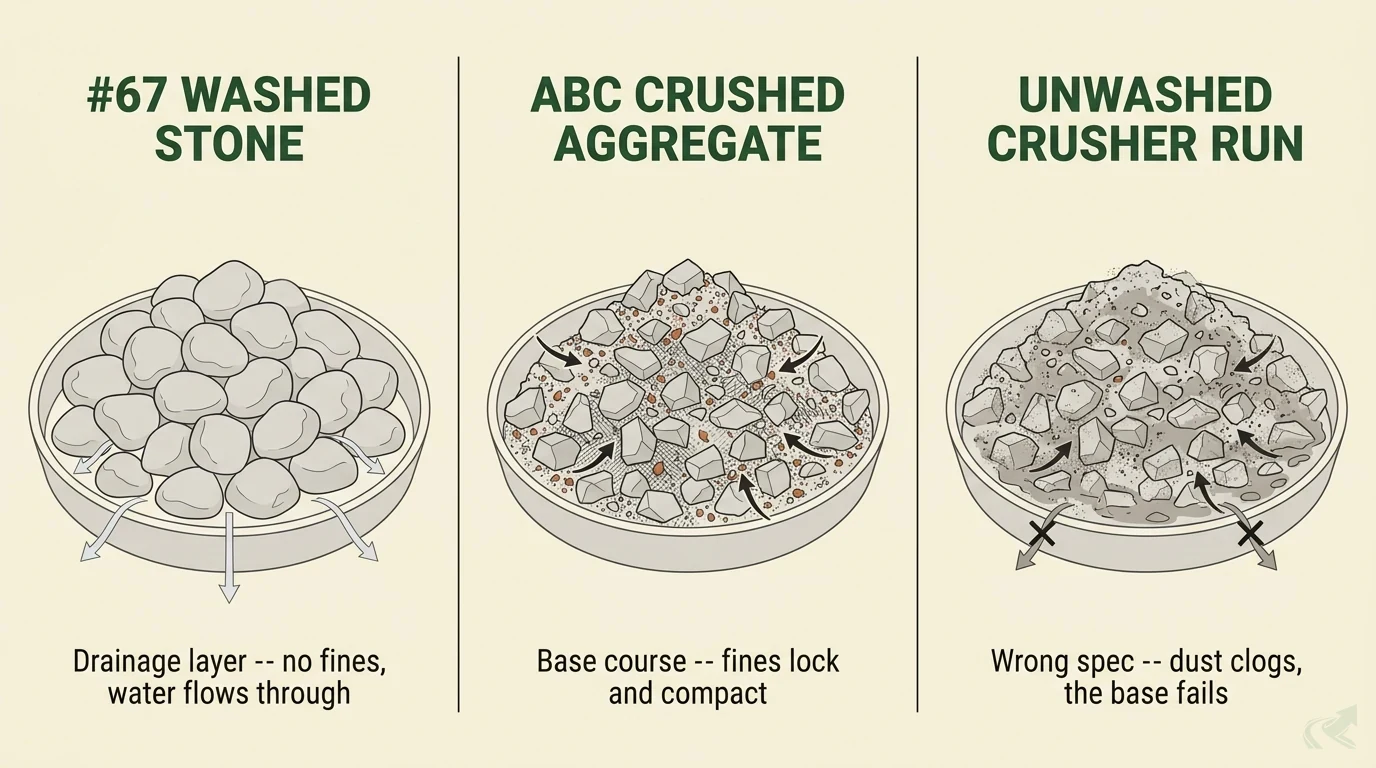 Three labeled panels comparing driveway gravel: #67 Washed Stone (clean rounded stone, no fines -- a drainage layer water flows through), ABC Crushed Aggregate (angular gravel with compactable fines -- the base course, fines lock and compact), and Unwashed Crusher Run (gravel choked with dust -- wrong spec, the dust clogs and the base fails).