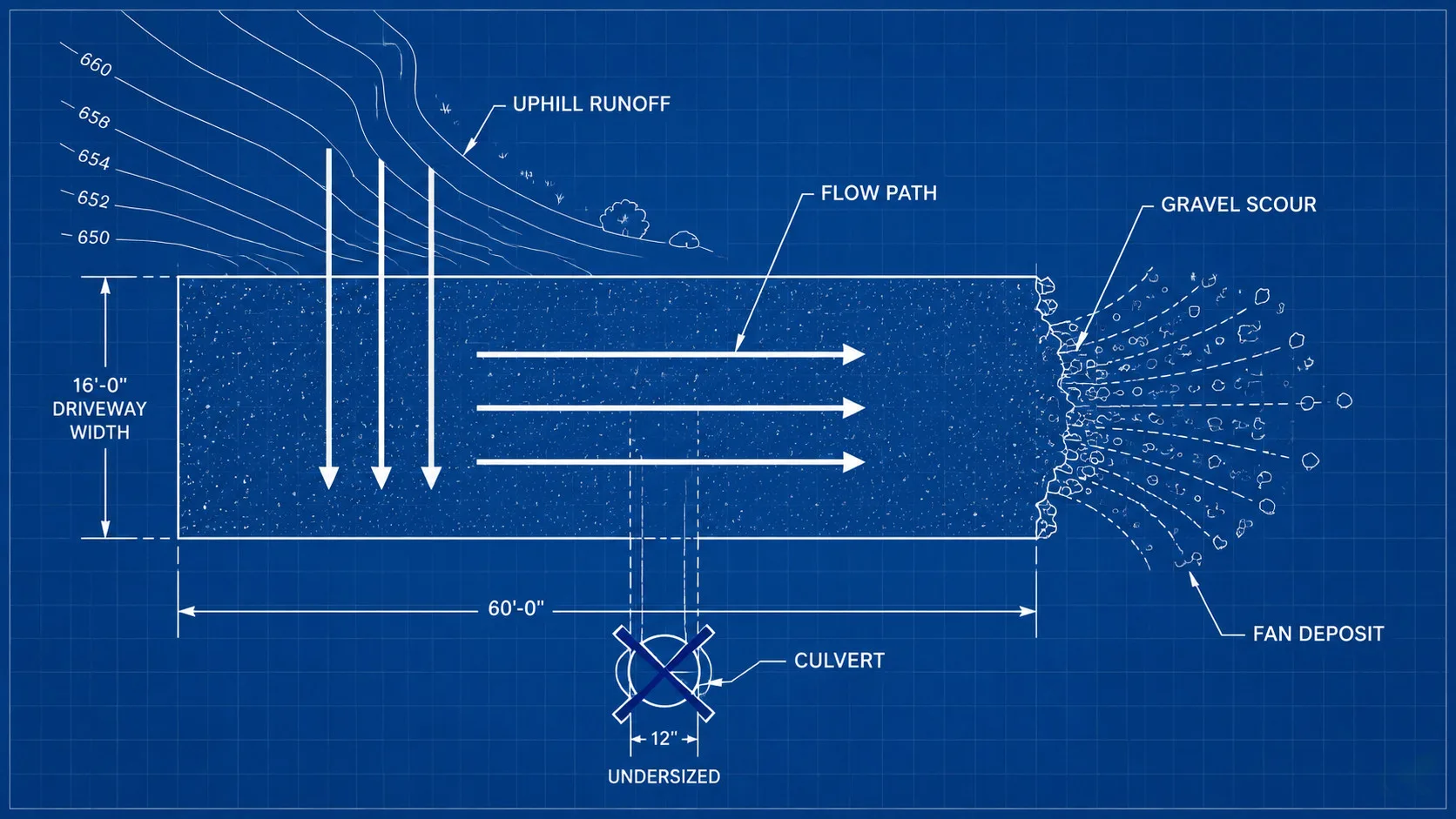 Blueprint top-down plan diagram of a driveway washout: uphill contour lines slope toward the drive, three bold flow-path arrows cross perpendicular, an undersized culvert is called out below center, and a fan-shaped gravel scour deposit spreads off the right edge