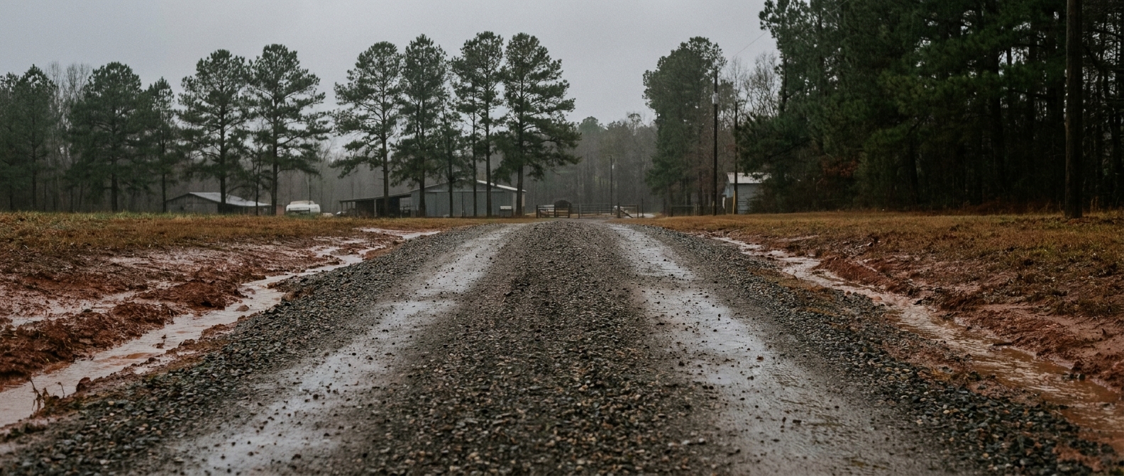 NC driveway grading — crowned gravel surface shedding rain to both shoulders