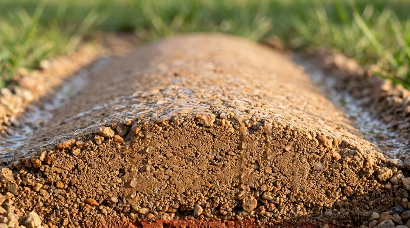 Macro photo end-on view of a freshly compacted ABC gravel driveway crown, water running off both sides of the peaked centerline into gravel shoulder channels, green grass visible in soft focus on either side