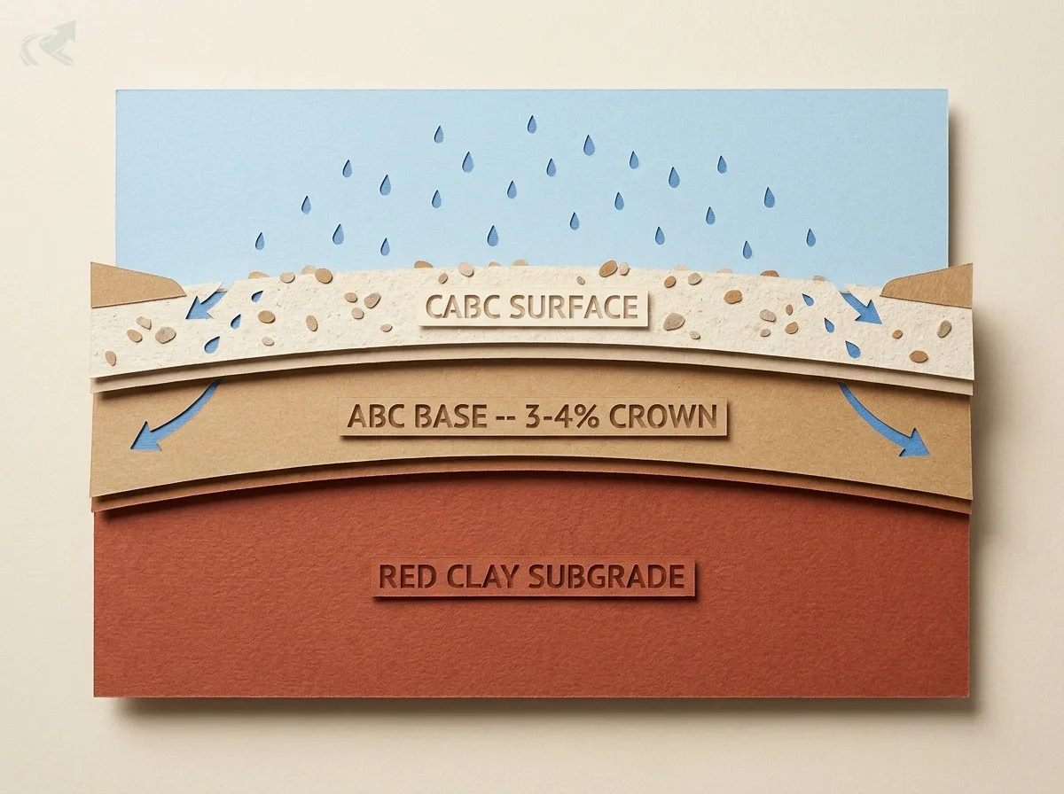 Papercraft cross-section of a North Carolina gravel driveway showing three stacked layers -- CABC surface with gravel texture, ABC base arched in a 3-4% crown, and red clay subgrade -- with rain droplets shedding off both edges