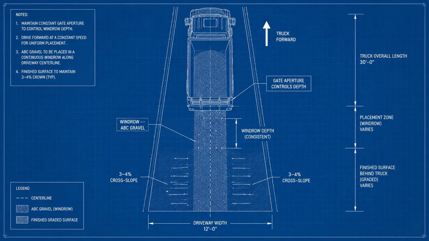 Blueprint schematic top-down view of a dump truck tail-gating gravel onto a driveway crown, windrow of ABC stone releasing from the open tailgate as the truck drives forward, with dimension lines showing consistent windrow depth and a dashed centerline marking the 3-4% crown