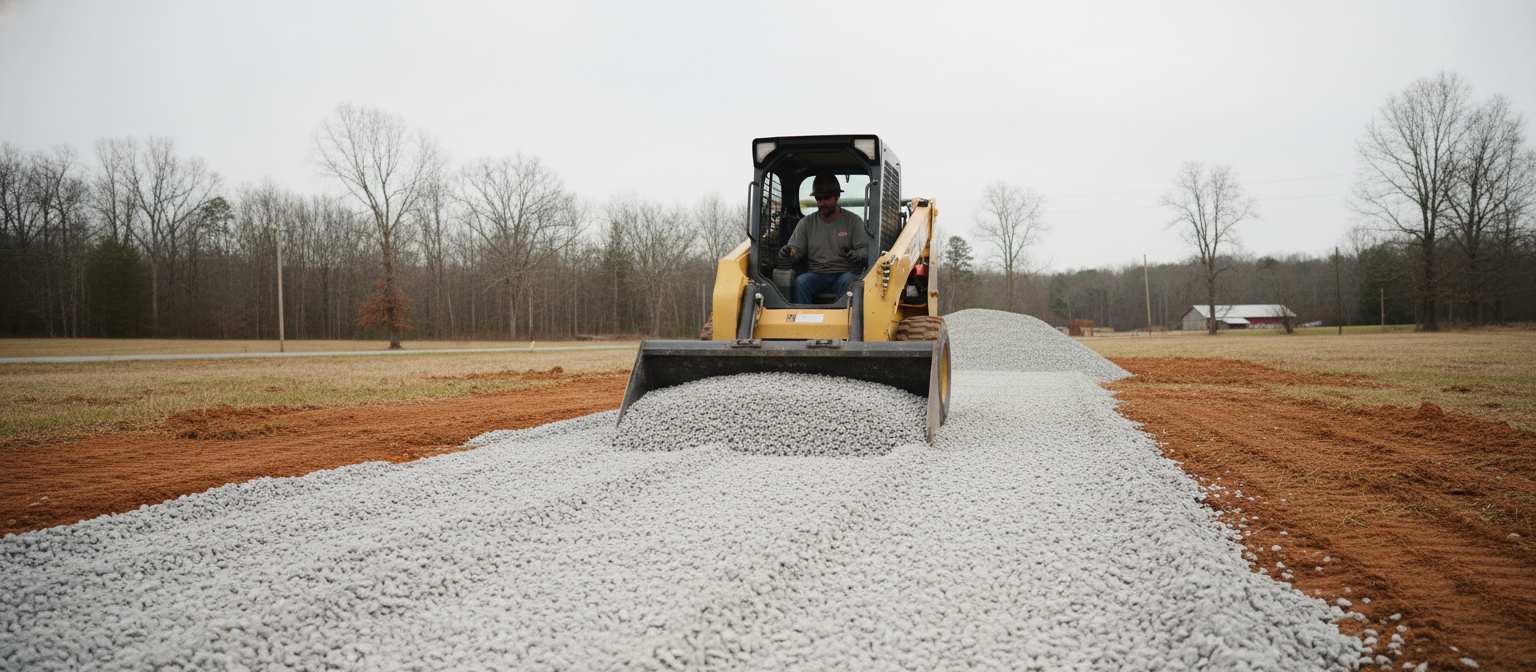 NC gravel driveway grading -- skid steer spreading ABC on crowned red clay base