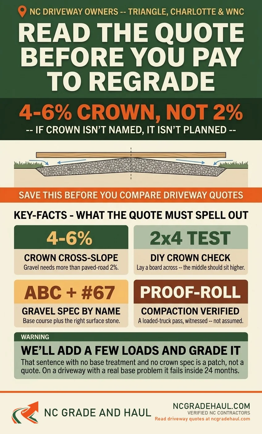 NC Grade and Haul infographic: Read the driveway quote before you pay to regrade. A gravel driveway needs a 4-6% crown cross-slope, not the 2% paved-road default. The 2x4 board test is the DIY crown check. The quote should name the gravel spec by name (ABC base plus #67 surface) and verify compaction with a witnessed proof-roll. If crown is not named, it is not planned.
