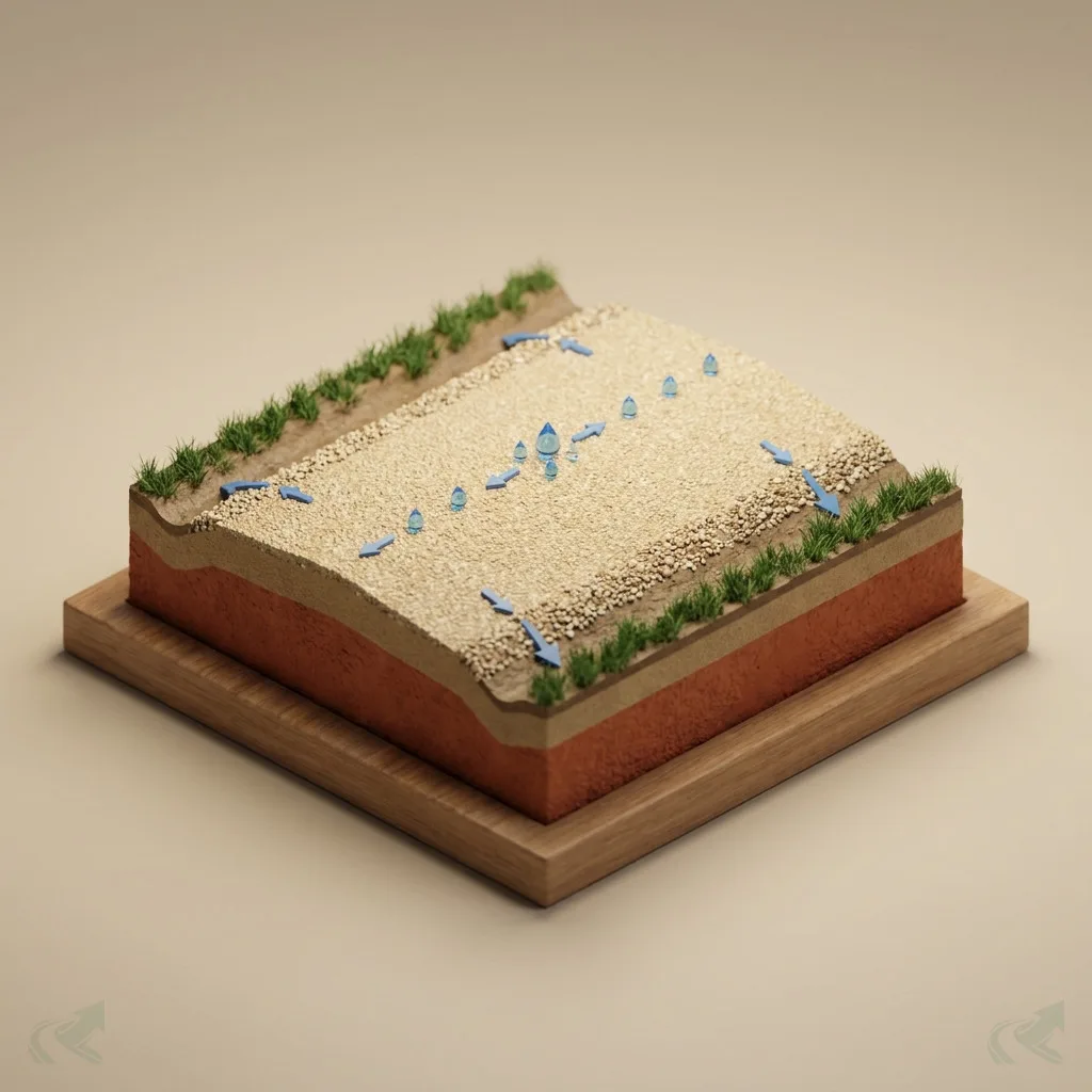 Isometric 3D diorama cross-section of a crowned gravel driveway -- blue water droplets and flow arrows spread outward from the center ridge toward grassed shoulders on both sides, with compacted base and red clay subgrade visible in the cut face.