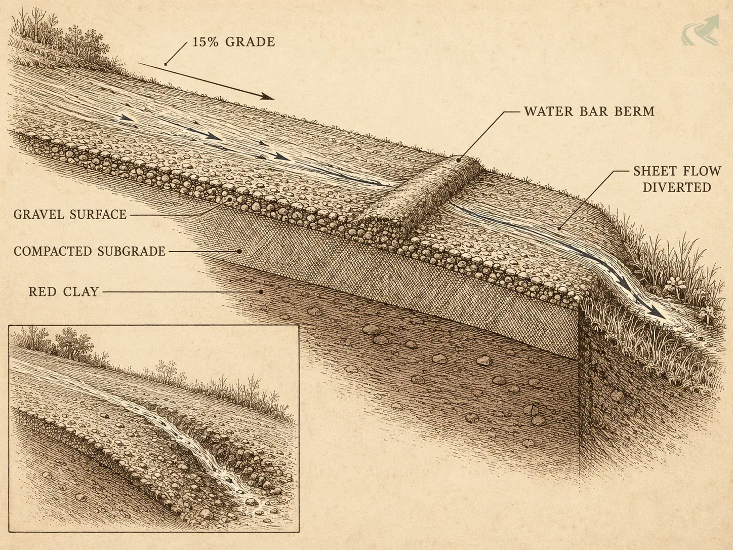 Vintage engraving cross-section of a 15% gravel driveway showing a water bar berm diverting sheet flow off the edge -- gravel surface, compacted subgrade, and red clay subsoil layers labeled; inset shows unmanaged rut channel without a water bar.