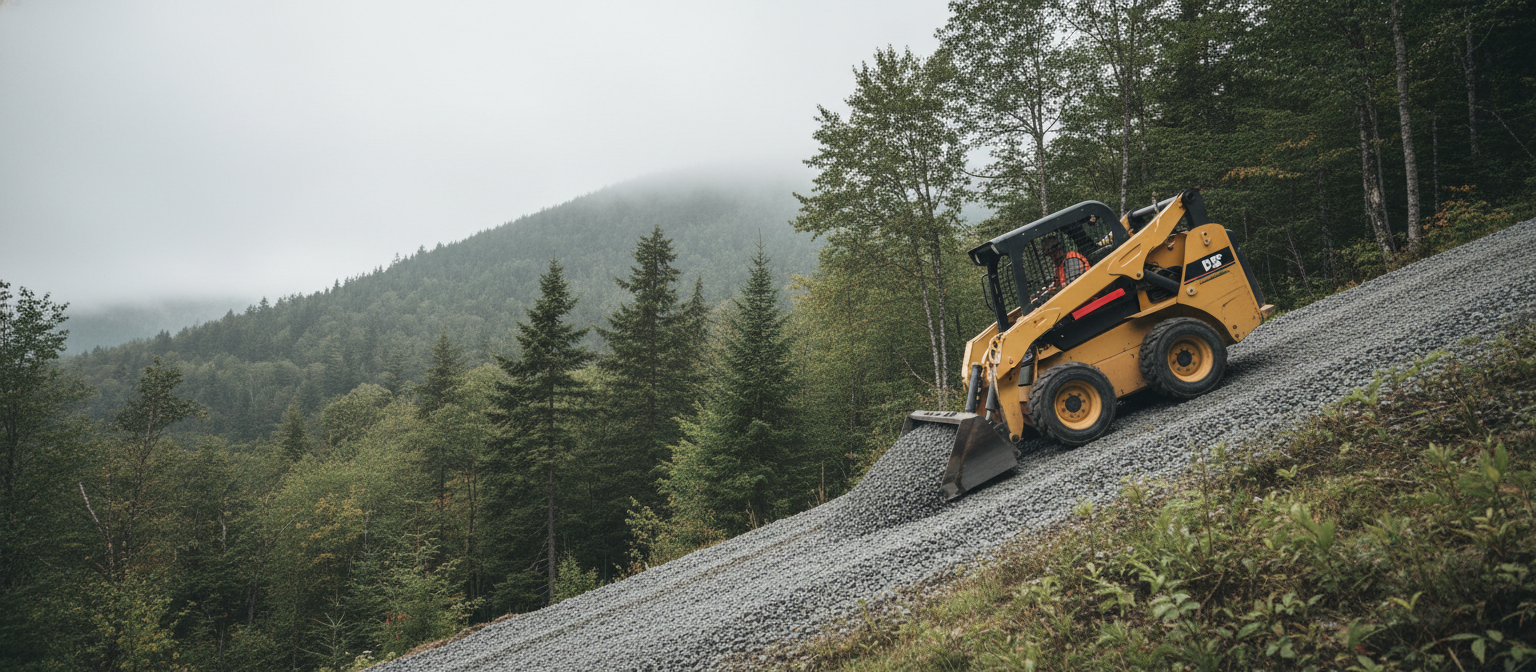NC driveway slope grading -- skid steer on steep WNC mountain gravel approach