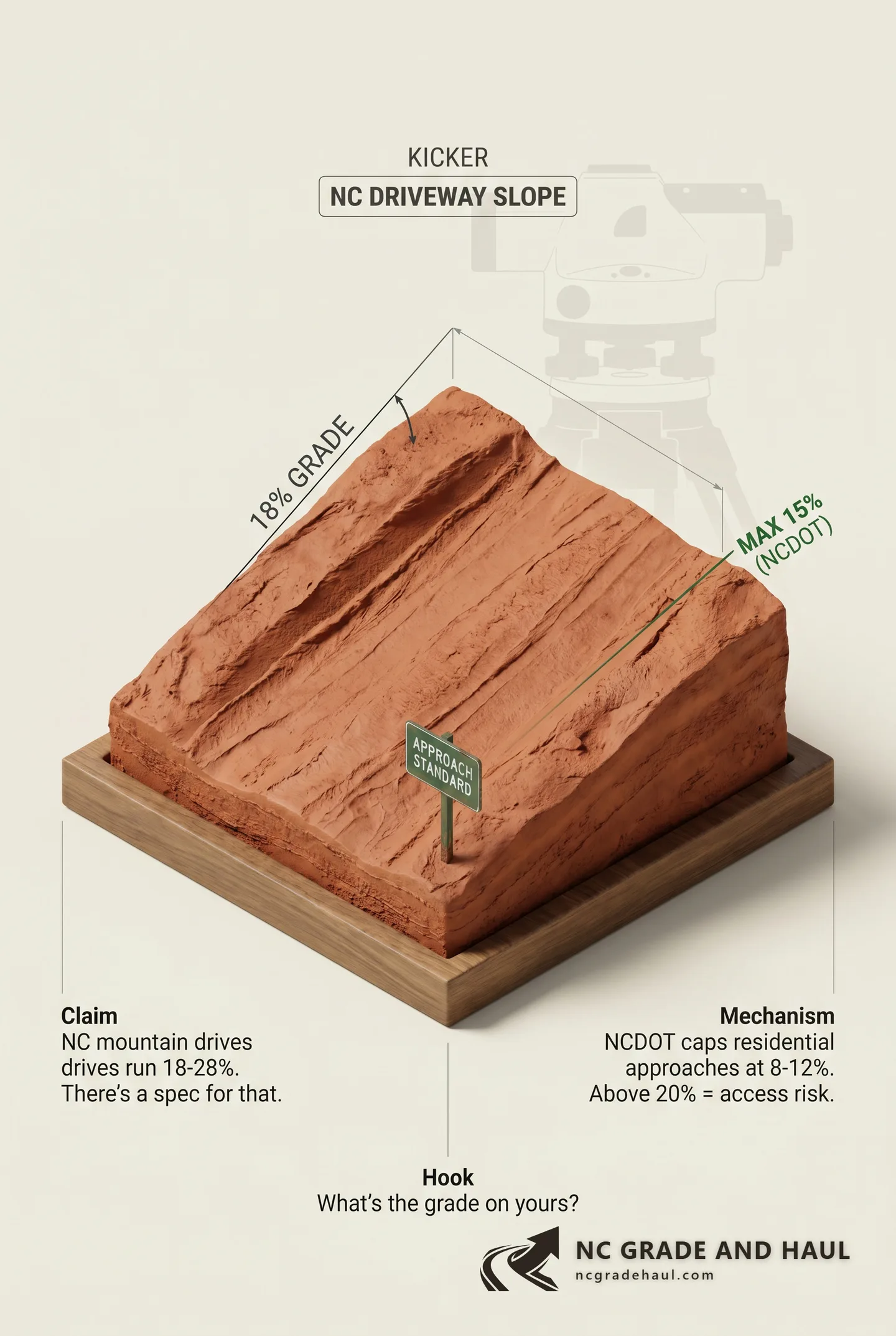 Is an 18% NC driveway too steep? NCDOT guidance on maximum grade, cross-slope, and drainage — plus mountain-driveway options when terrain forces the question.