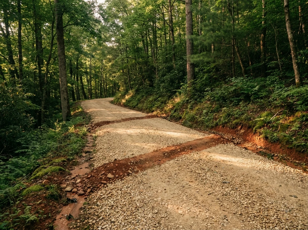 Steep WNC mountain gravel driveway with two diagonal water bar berms angled across the surface, diverting runoff into forested shoulders -- standard erosion control on NC grades above 10 percent.