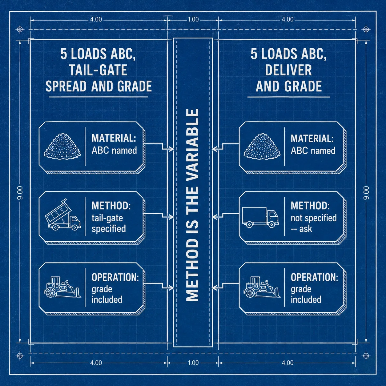 Blueprint-style technical annotation of two driveway grading quotes side by side, showing that 'tail-gate spread and grade' specifies the spreading method while 'deliver and grade' leaves it unspecified