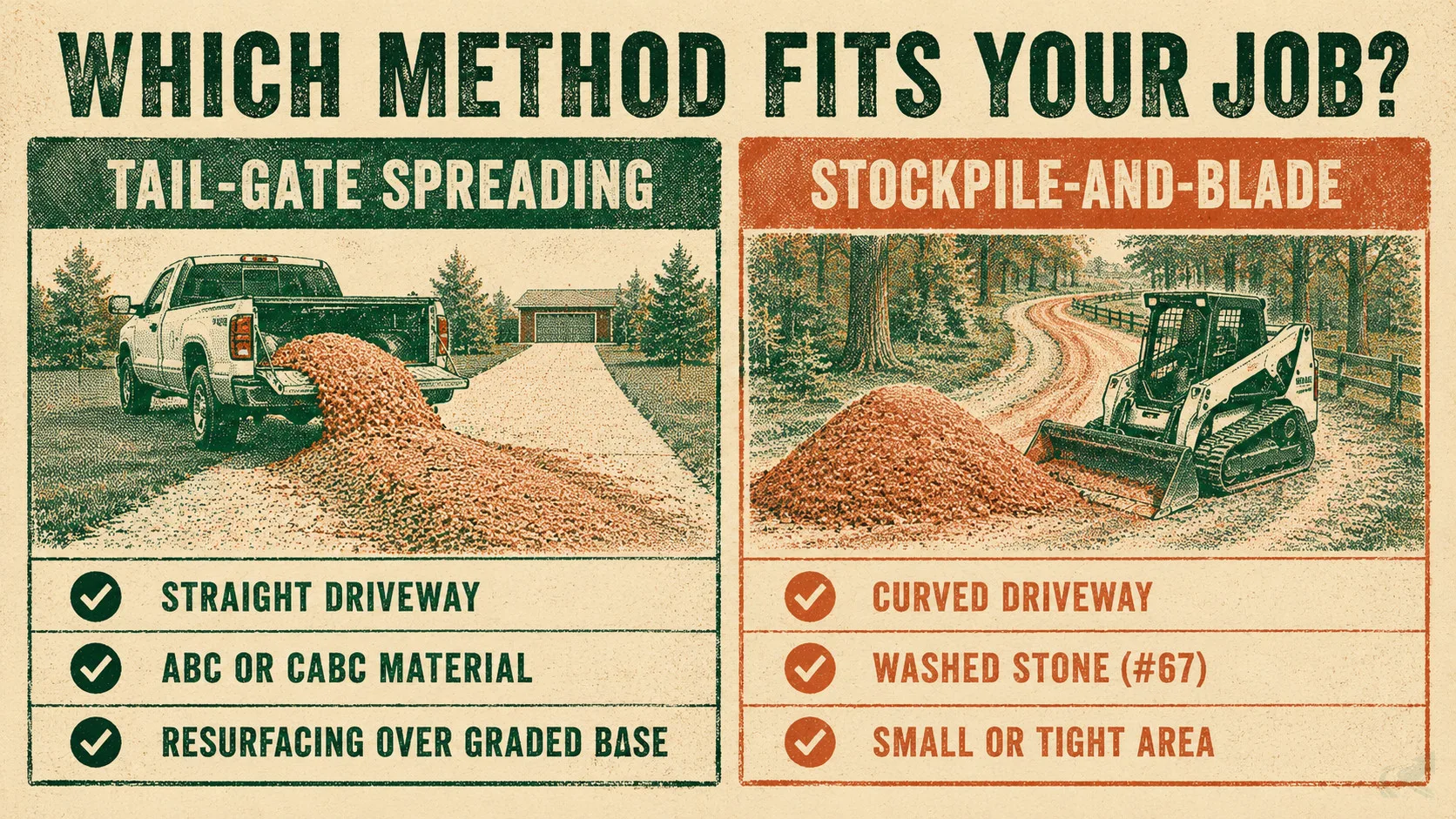 Risograph-style comparison chart showing when tail-gate spreading works best (straight driveways, ABC/CABC material, resurfacing) versus when stockpile-and-blade makes more sense (curved driveways, washed stone, small areas)