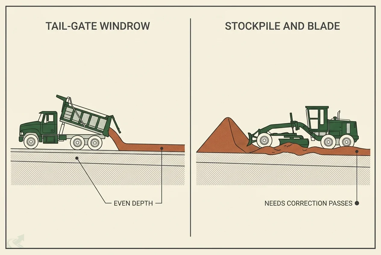 Cross-section schematic comparing two gravel spreading methods: tail-gate windrow produces an even gravel depth across the driveway, while stockpile-and-blade leaves an uneven depth that needs correction passes.