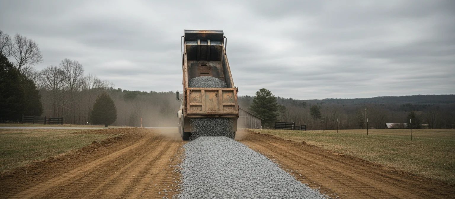 NC driveway tail-gating gravel -- dump truck windrow of ABC from raised tailgate