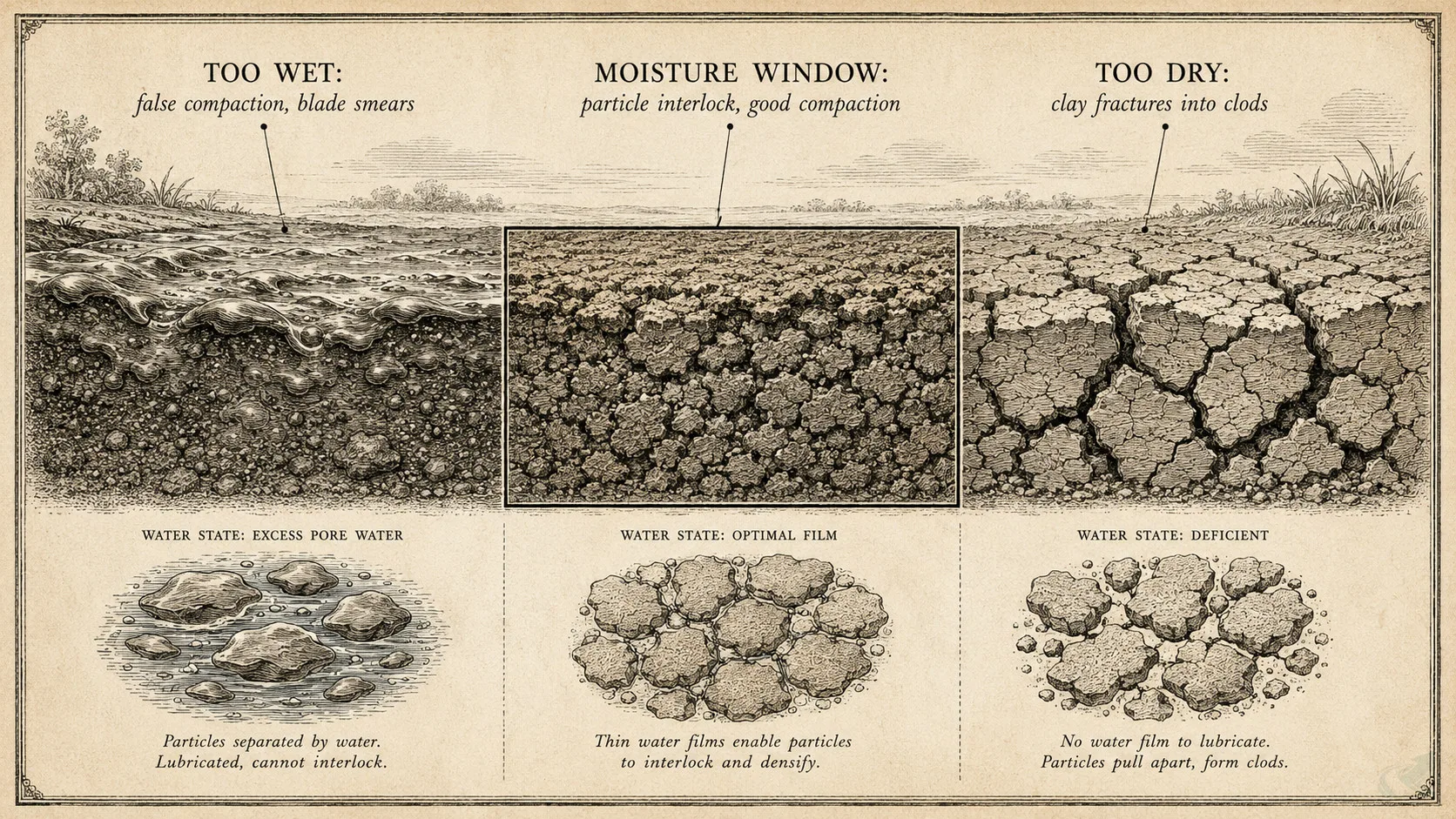 Field-guide engraving of NC Piedmont clay moisture spectrum: too-wet smear zone, optimal moisture window, and too-dry fracture zone side by side