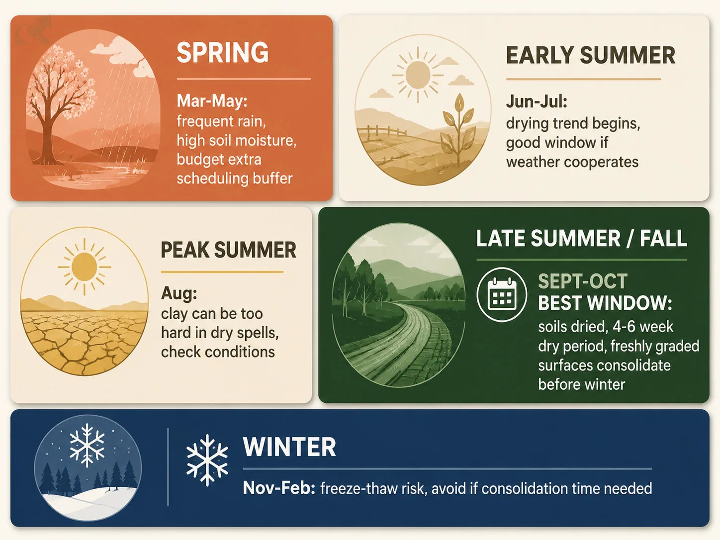 Bento-grid seasonal calendar for NC driveway grading: spring (difficult), early summer (variable), peak summer (check conditions), September-October (best window highlighted), winter (freeze-thaw risk)