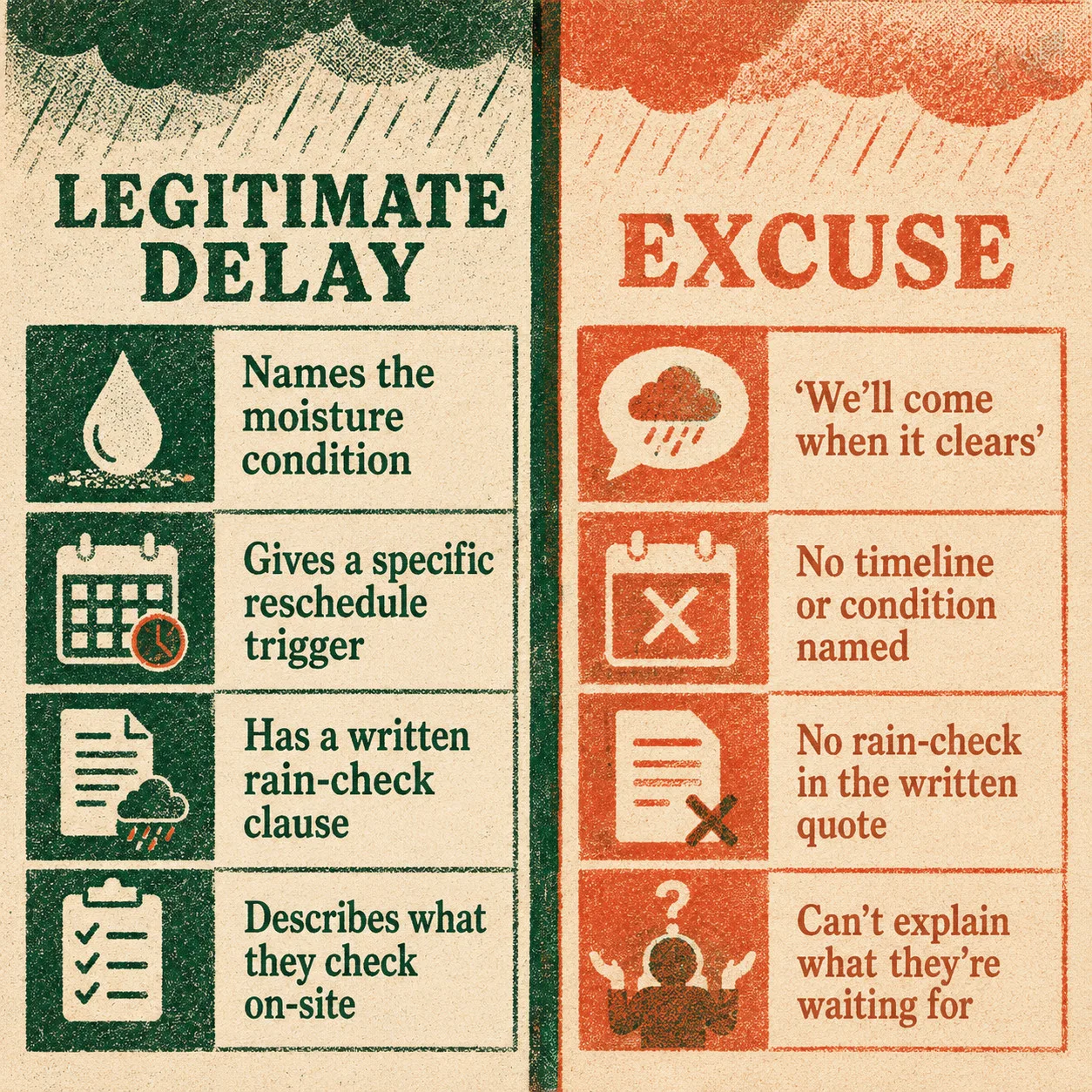 Risograph-print split comparison: four signals of a legitimate contractor rain delay on the left versus four excuse patterns on the right