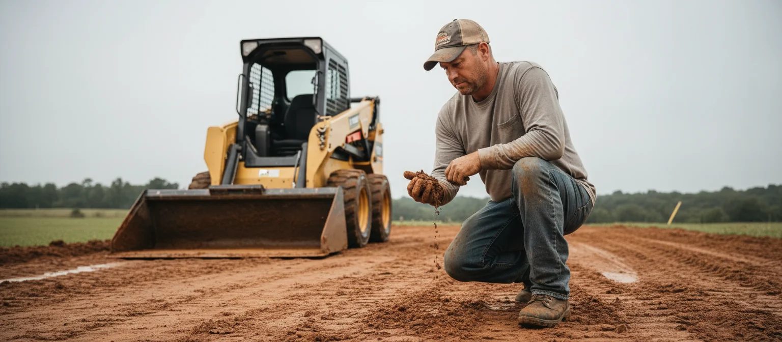 NC driveway grading wet vs dry -- contractor testing clay moisture by hand