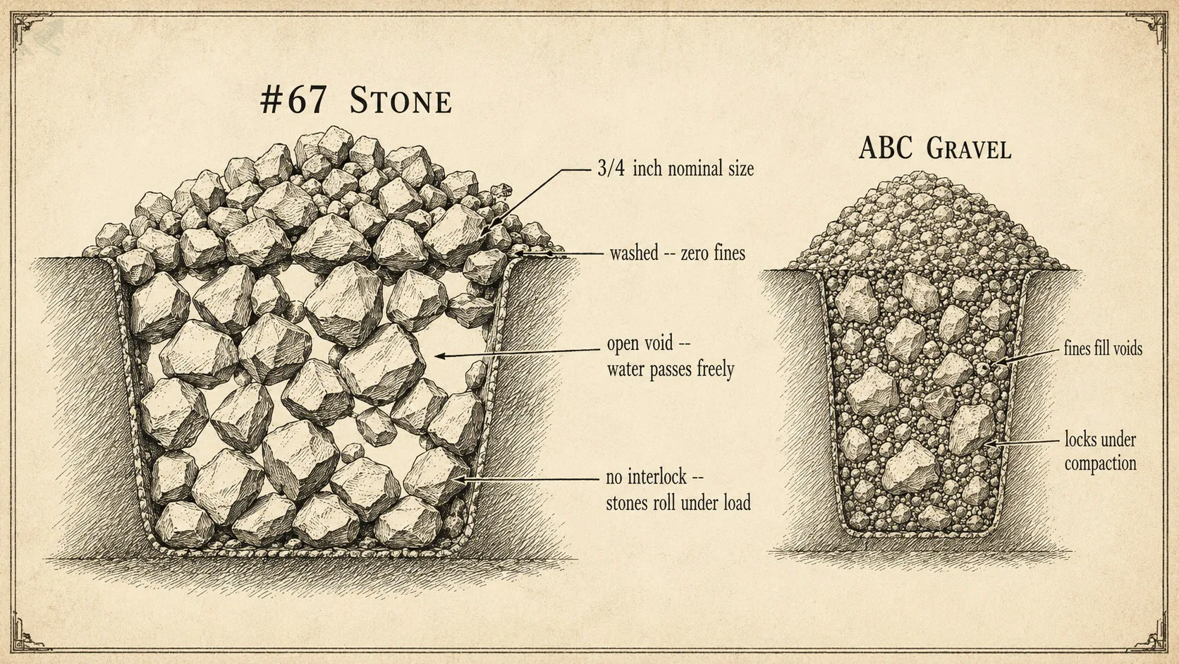 Cross-section field-guide engraving comparing #67 stone open voids to ABC gravel with fines filling every gap