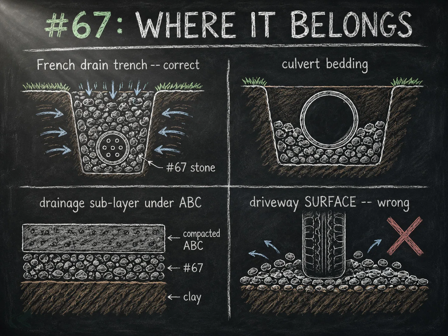 Chalkboard sketch grid showing four correct and one incorrect application of #67 stone in North Carolina construction